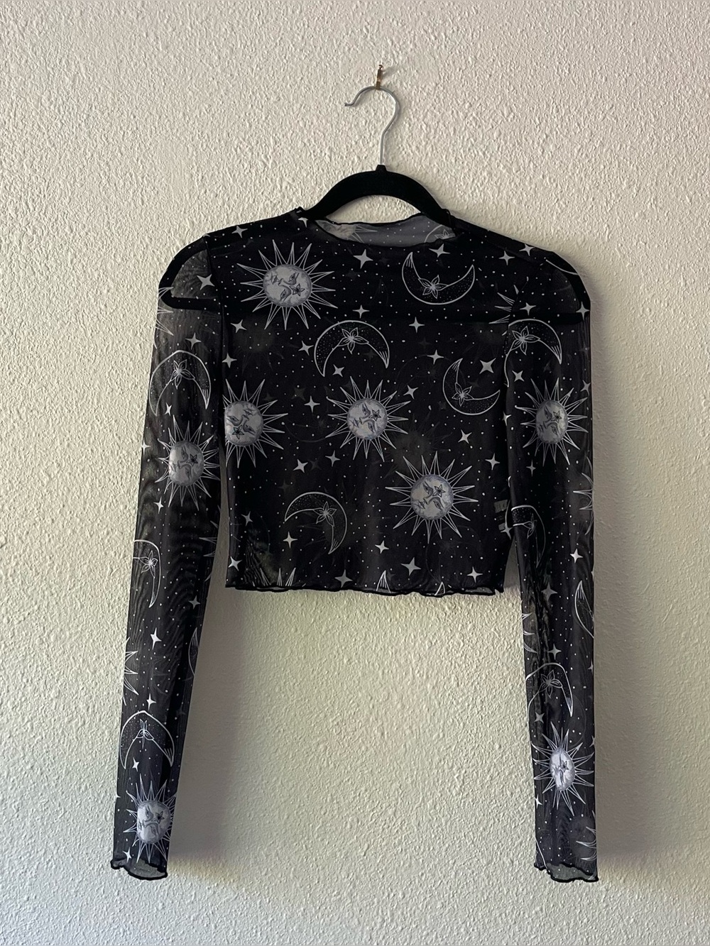 Black Mesh Celestial Crop Top Sun Moon Stars Sheer Goth Y2K Women’s Small